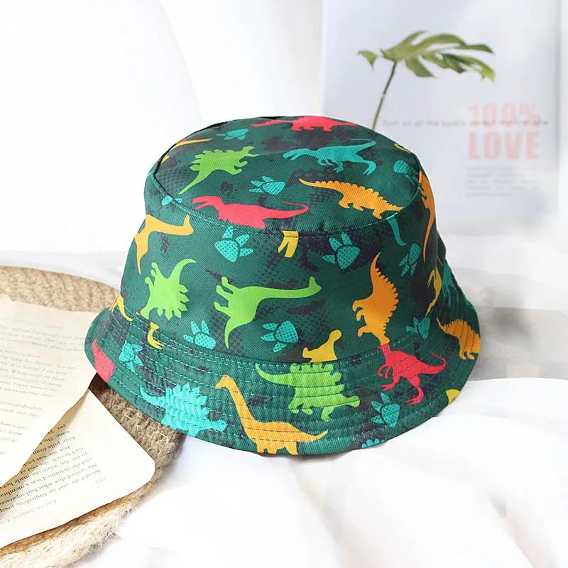 New Spring Summer Children's Cartoon Dinosaur Fisherman Cap Girls Cotton Uv Protection Panama Printing Hats Boys Sun Beach Hat
