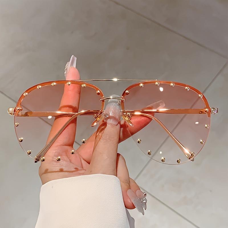Fashion Rimless Pilot Sunglasses Women Vintage Luxury Brand Design Diamond Cutting Lens Rivet Sun Glasses For Female UV400