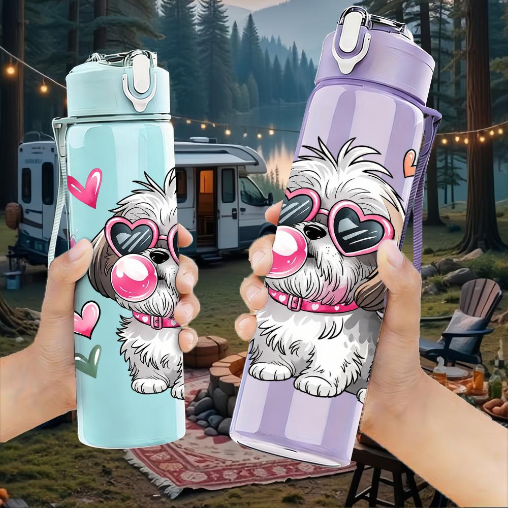 1PC Pink Heart Poodle Dog Graphic,750ml Color Plastic Sports Water Bottle,Leakproof Flip Straw Lid,Suitable for Sports Office Home Use