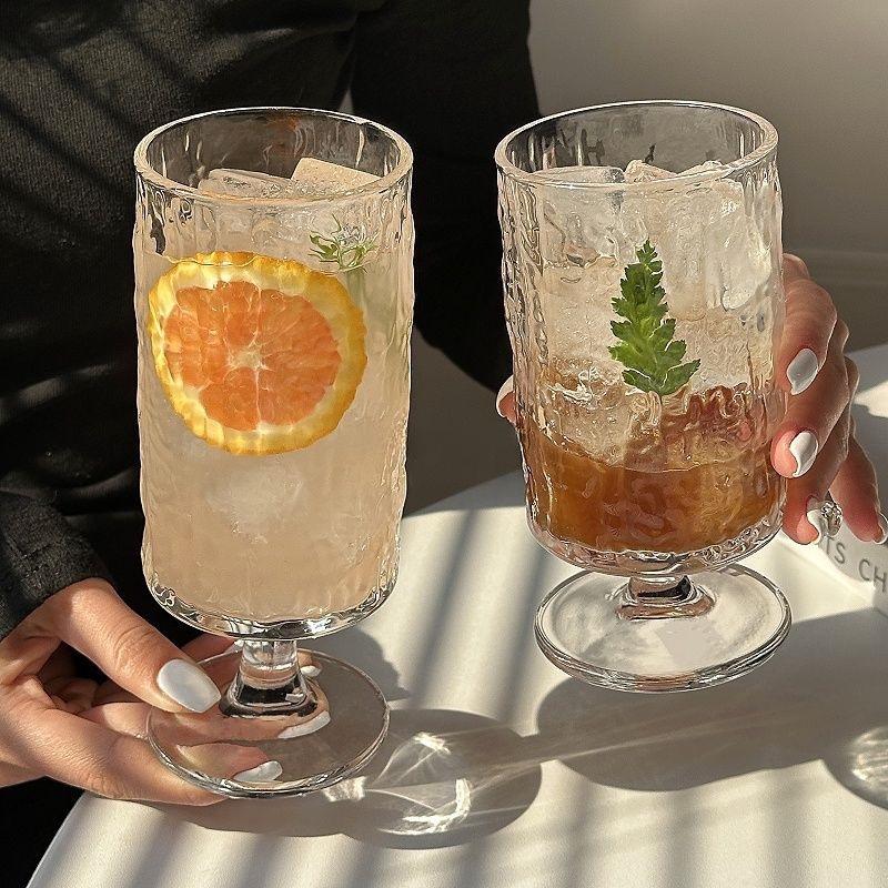 High-Stem Juice Glass: Tree Grain Design, Straight Cylinder, Transparent for Home Use, Perfect for Fruit Tea, Sparkling Water, or Cocktails.