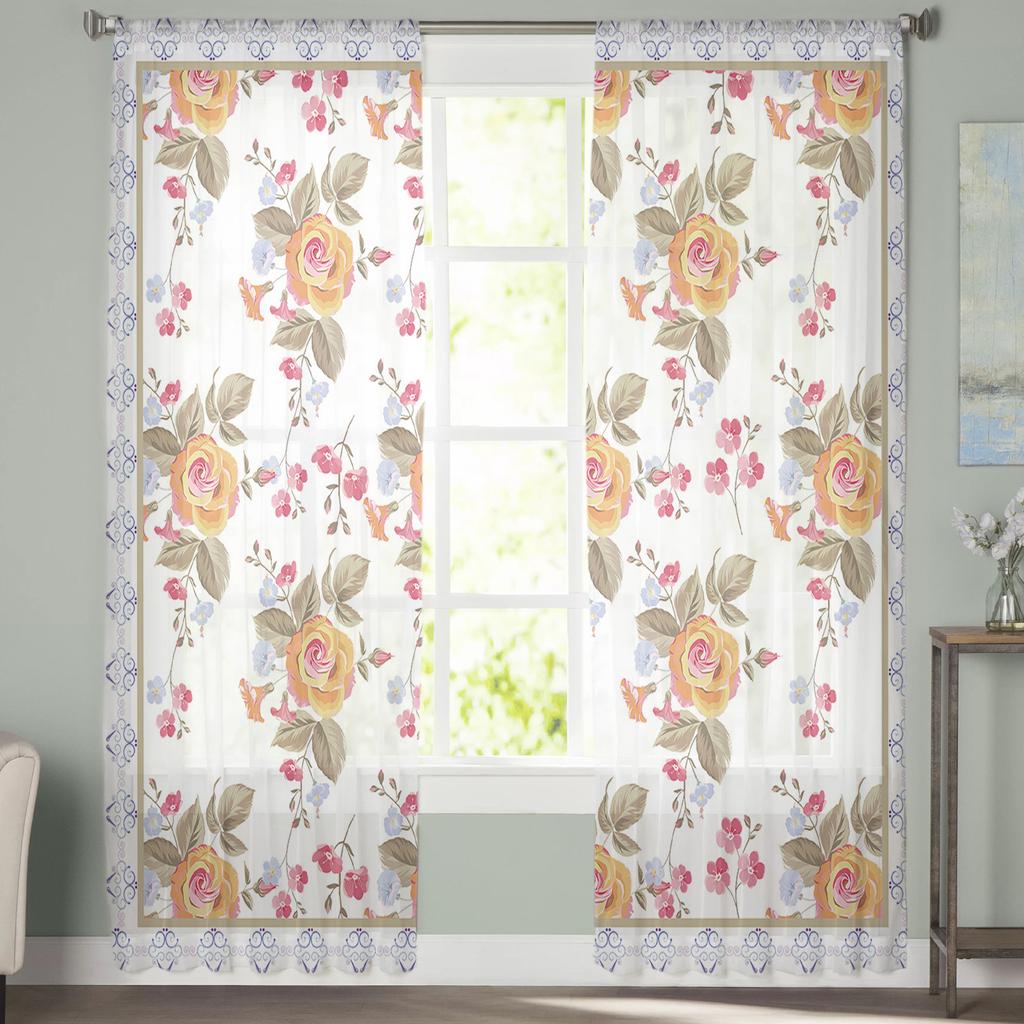 Cortina Transparente Dibujada a Mano con Líneas de Hojas y Flores Para Dormitorio, Cortina de Tul Voile Para Decoración de Cocina, Salón, Tratamiento de Ventana