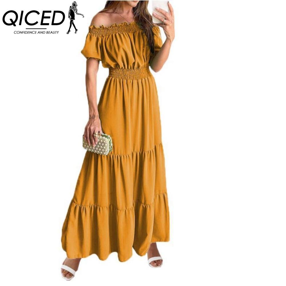 

QICED Длинное платье с открытой спиной и эластичной талией Популярный богемный стиль с открытыми плечами S жёлтый