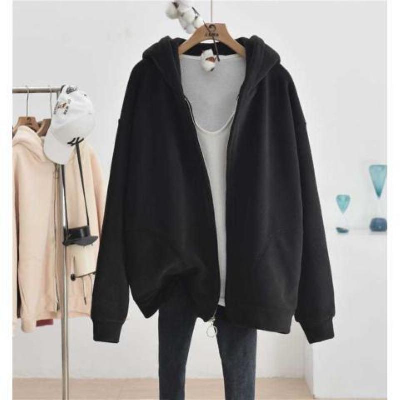Hooded for Women Autumn Winter Loose Velvet Thickened Cardigan Zipper Fashionable and Versatile Solid Color Long-sleeved Top
