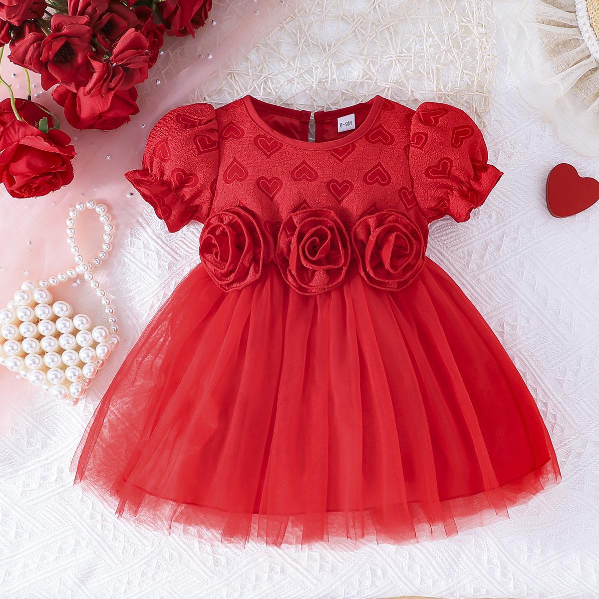Girls Red Puffy Gauze Dress Three-dimensional Flower Puff Sleeve Princess Dress Flower Girl Dress 6-9M