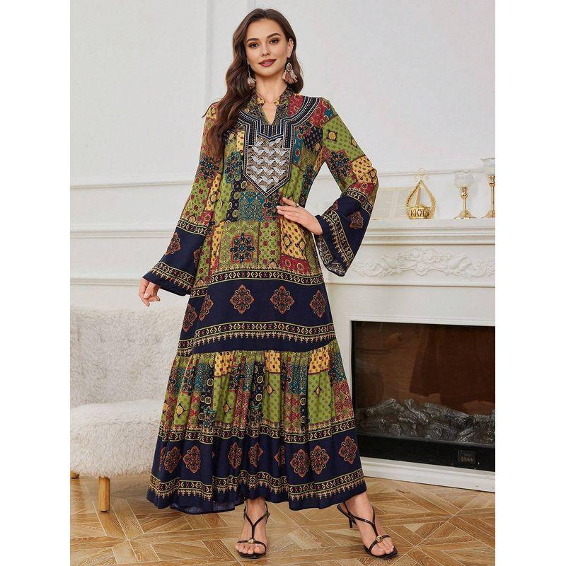 

Новая мода Ближнего Востока Повседневное свободное платье-халат с принтом V-образный вырез Женское платье с принтом V-образный вырез Print XL