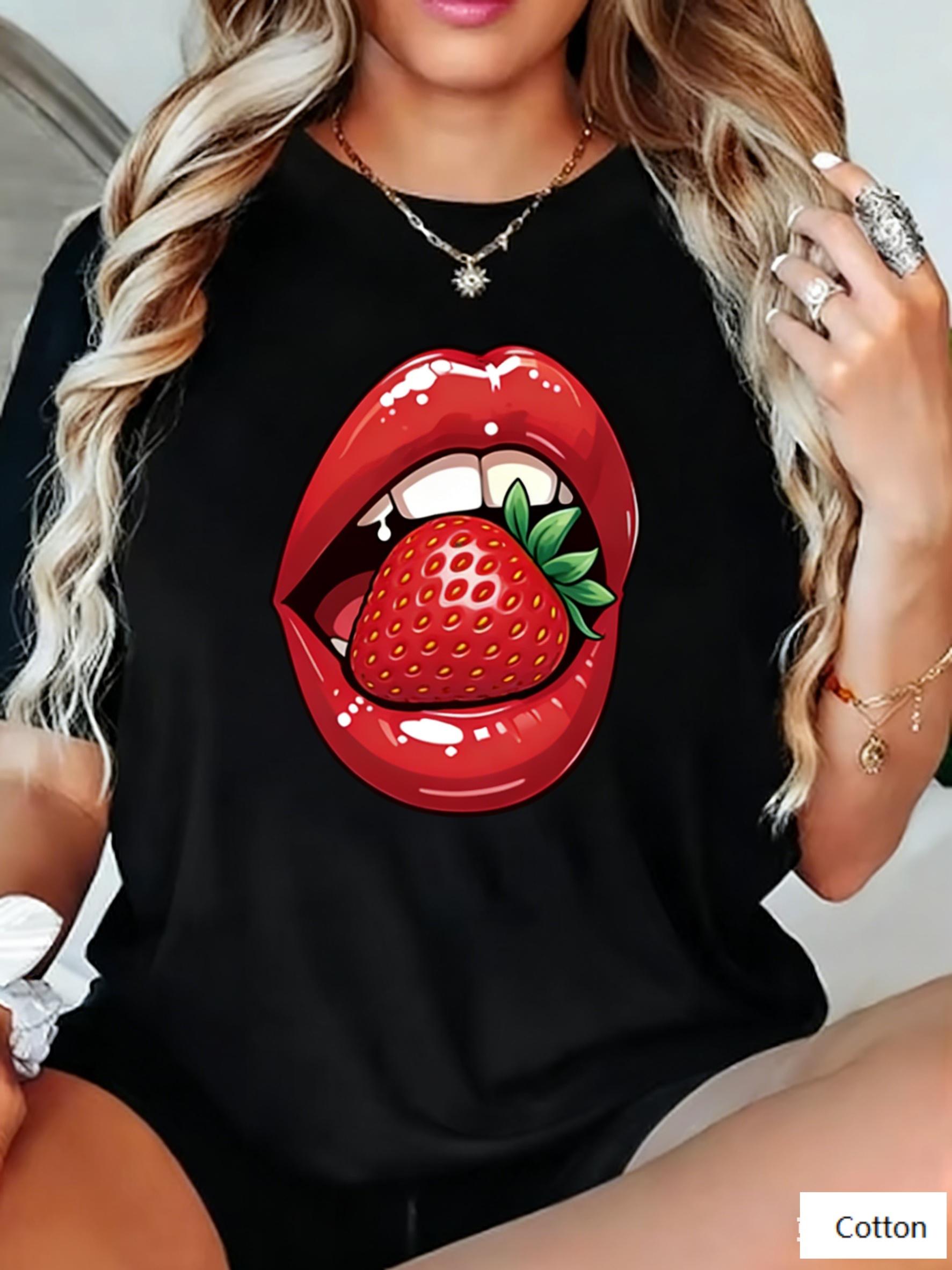

Sexy Street Style Unisex Cotton TShirt with Lips Strawberry Print Breathable Fabric Regular Fit for Fashion Enthusiasts S