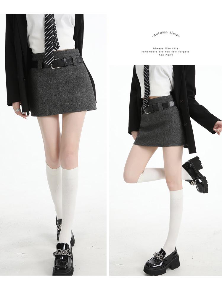 Plus Size Gray Woolen High Waist A-line Skirt for Spring/Autumn