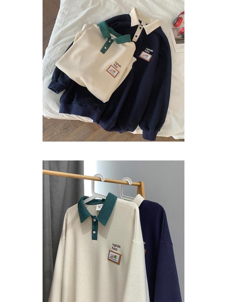 Męska koszulka polo wafelkowa w stylu vintage retro - luźny krój, kołnierzyk z klapami, na wiosnę/jesień, styl unisex