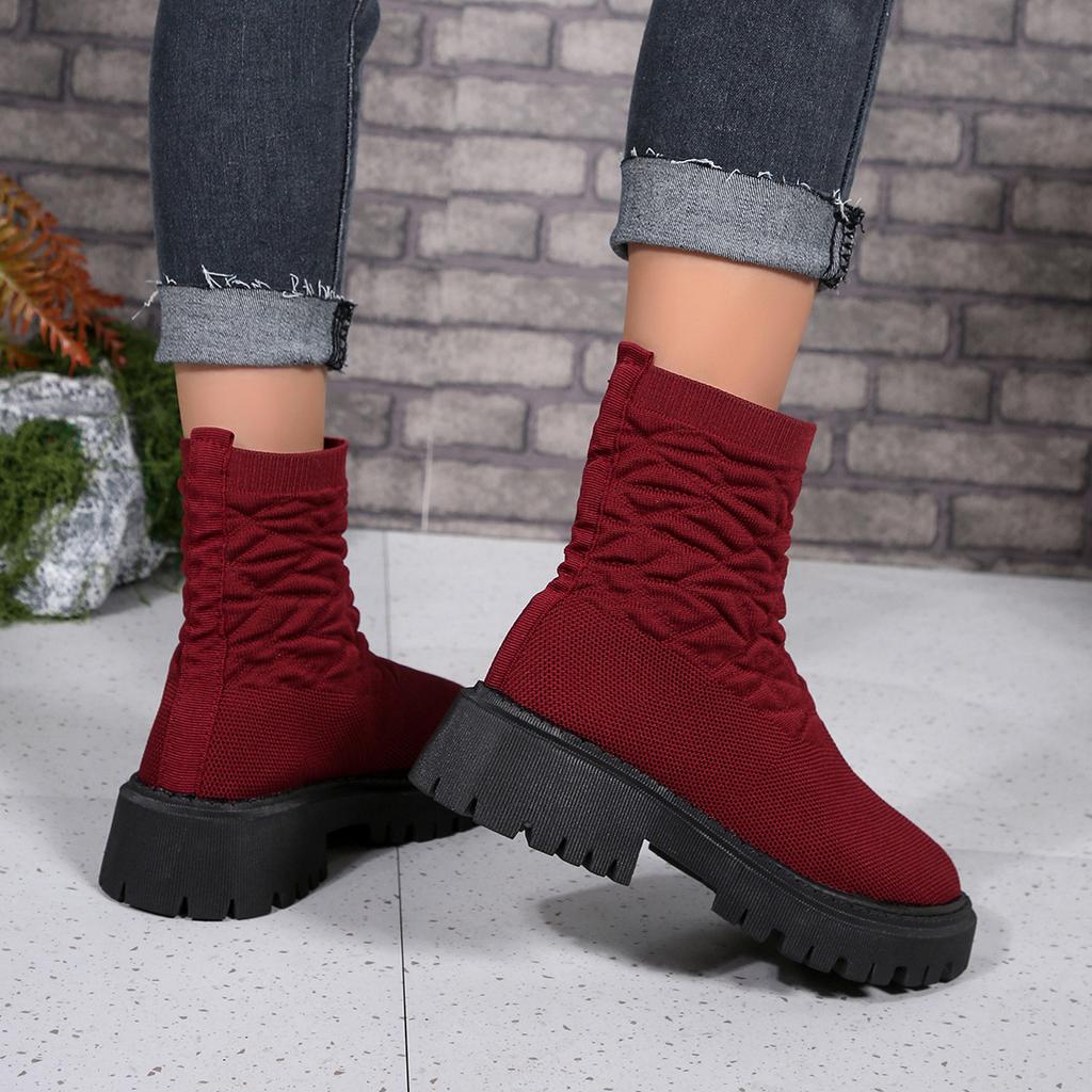 2025 Foreign Trade New Fly-woven Socks Boots Large Size Thick-soled Thick Heel Solid Color European and American Casual Outer Wear Medium Tube M
