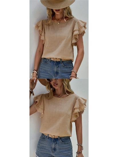 European & American Women's Casual Summer Round Neck Ruffle Batwing Short Sleeve Top