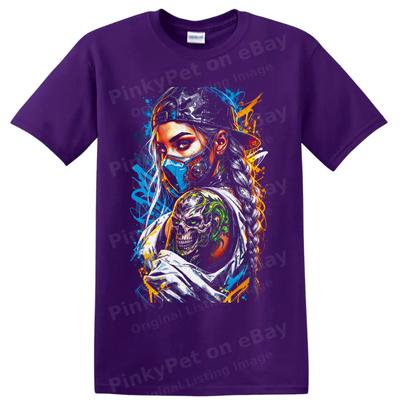Cyberpunk Masked Woman Skull Tattoo Graphic T Shirt Neon Streetwear Art Tee