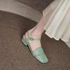 Cow Leather Square Toe Thick Med Heels Autumn Summer Buckle Straps Shoes Hollow Decorations Women Shallow Sandals