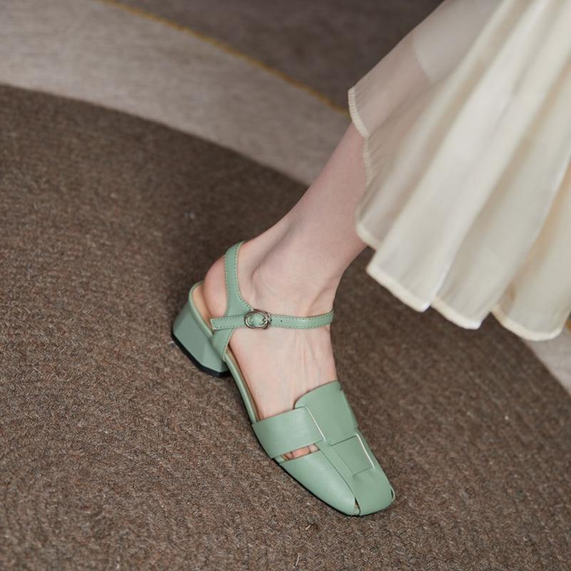 Cow Leather Square Toe Thick Med Heels Autumn Summer Buckle Straps Shoes Hollow Decorations Women Shallow Sandals