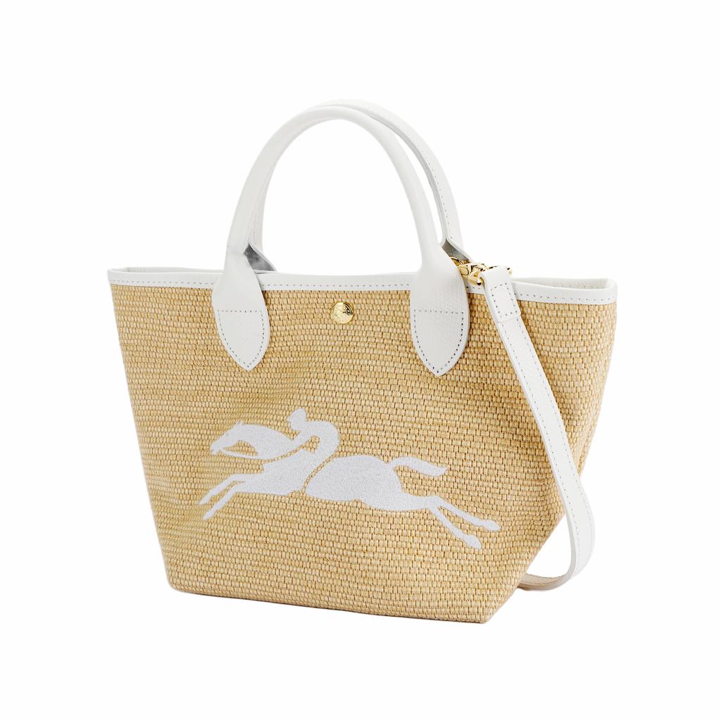 Longchamp Le Panier Pliage 21 Straw Embroidered Snap Closure Leather Canvas Shoulder Crossbody Tote Bag Small Women Handbags White 10144HZB007
