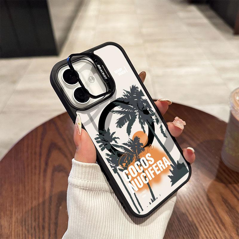 Sunset Coconut Tree Acrylic hard shell For iPhone16pro 15ProMax 11 12 13pro 14Plus Multi functional lens phone holder phone case iphone 16 ProMax