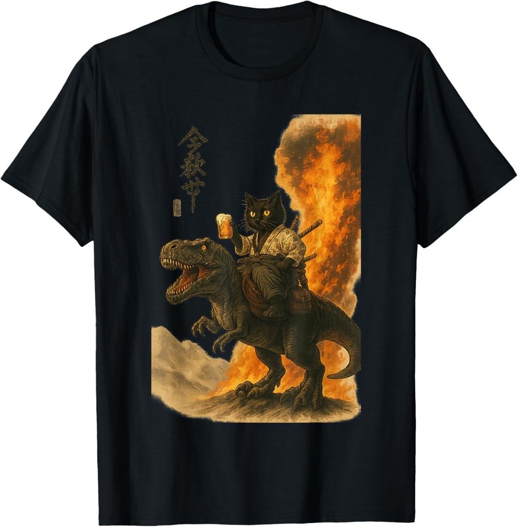 Black Cat Samurai Dinosaur Sea Wave Print T-Shirt Mens Womens Tees Top unisex T-Shirt Mens Womens Tees Top