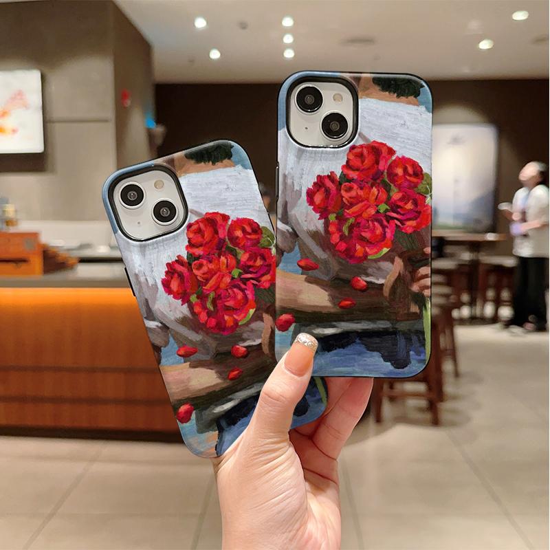 Impressionist Romantic Bouquet Red Rose Oil Painting Fine Art Film Aesthetic Protective Shockproof Bumper Case Cover For iPhone 14 15 16 Pro Max Plus