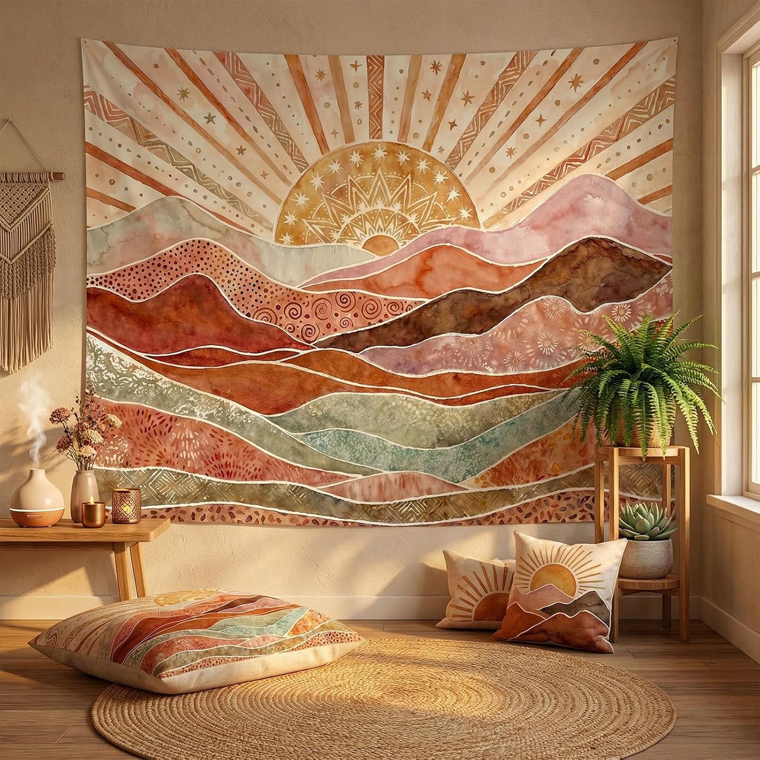 Boho Desert Sun Wandteppiche Aquarell Berglandschaft Wandteppiche Terrakotta Salbei Wandteppich Schlafzimmer Wohnheim Wohnzimmer 100X70CM