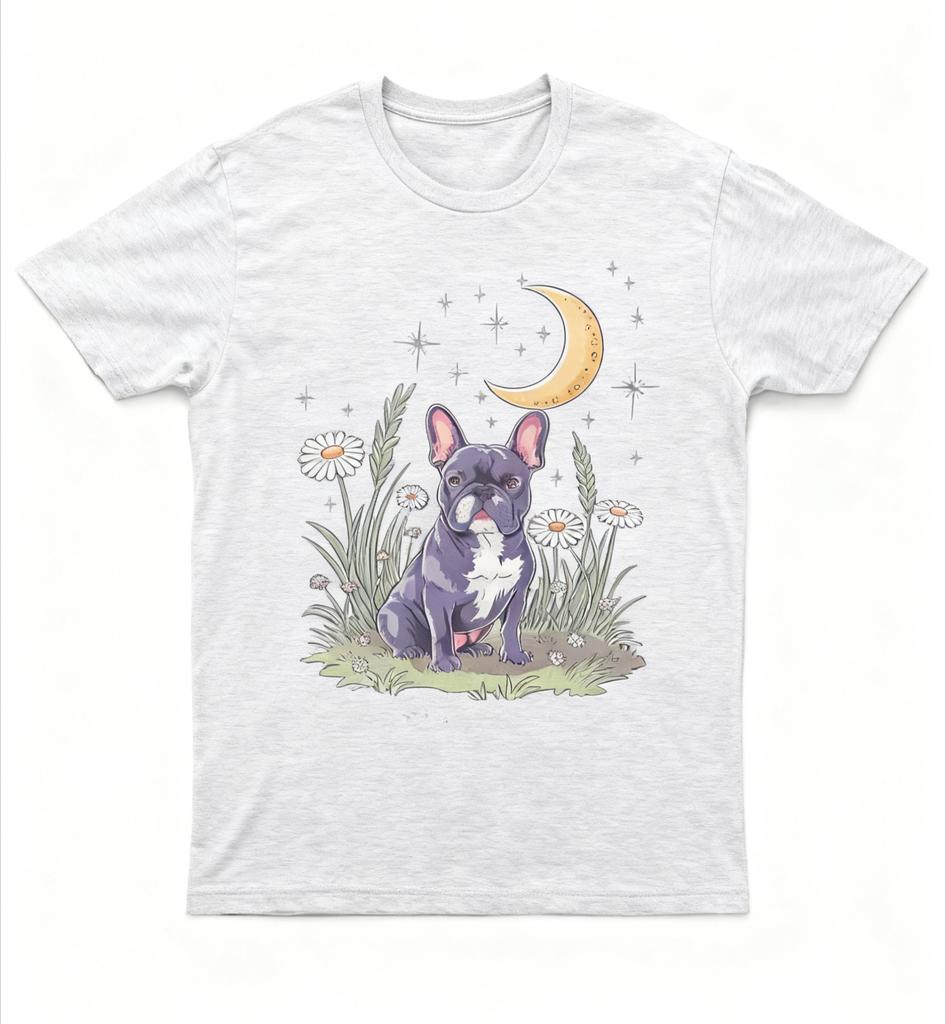 Vintage Mystisches Französische Bulldogge T-Shirt Schwarz mit Mond Stern Gänseblümchen Blumenmuster Künstlerische Freizeitkleidung für Boho Retro Stil Fans