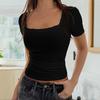 Women’s Short Sleeve Ribbed Knit Square Neck Top with Lace Trim Fitted Stretchy Basic T Shirt Blouse for Casual Daily Wear