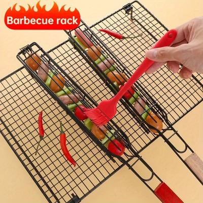 Drewniany uchwyt grill ze stali nierdzewnej Nonstick Hot Dog kiełbasa Grill klips do mięsa BBQ grillowanie Baske piknik na świeżym powietrzu narzędzie