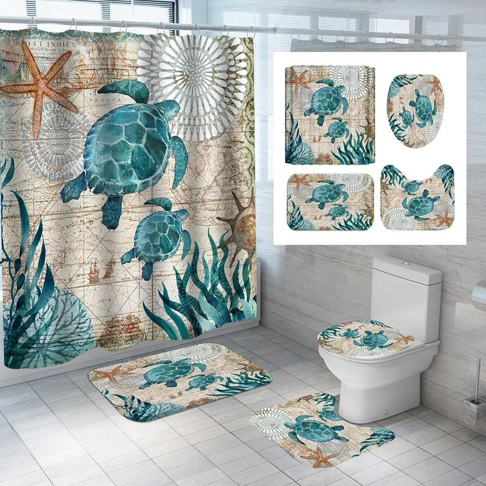 Turtle Sea Horse Dolphin Print Shower Curtain Set Bathroom Bathing Screen Anti-Slip Toilet Lid Cover Carpet Rugs Home Decor Sets