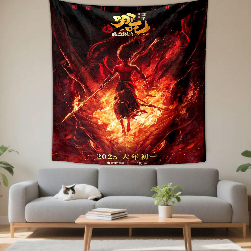 Nezha 2025 Tapestry Wall Hanging, Chinese Myth Movie Art, Epic Animation Wall Decor for Bedroom Dorm