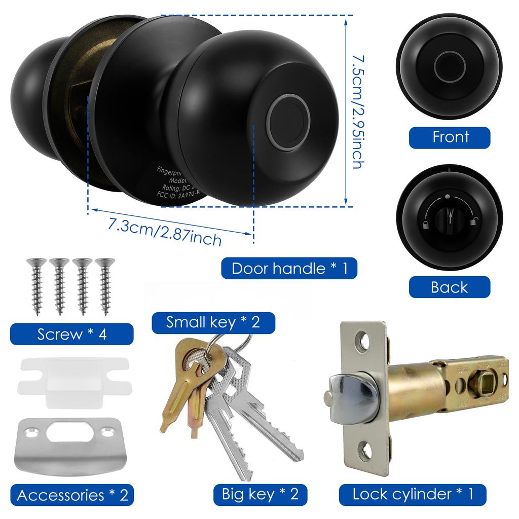 Smart Fingerprint Door Knob with Lock Biometric Door Lock with App Control Key for Bedroom Front Door Home Apartment Office