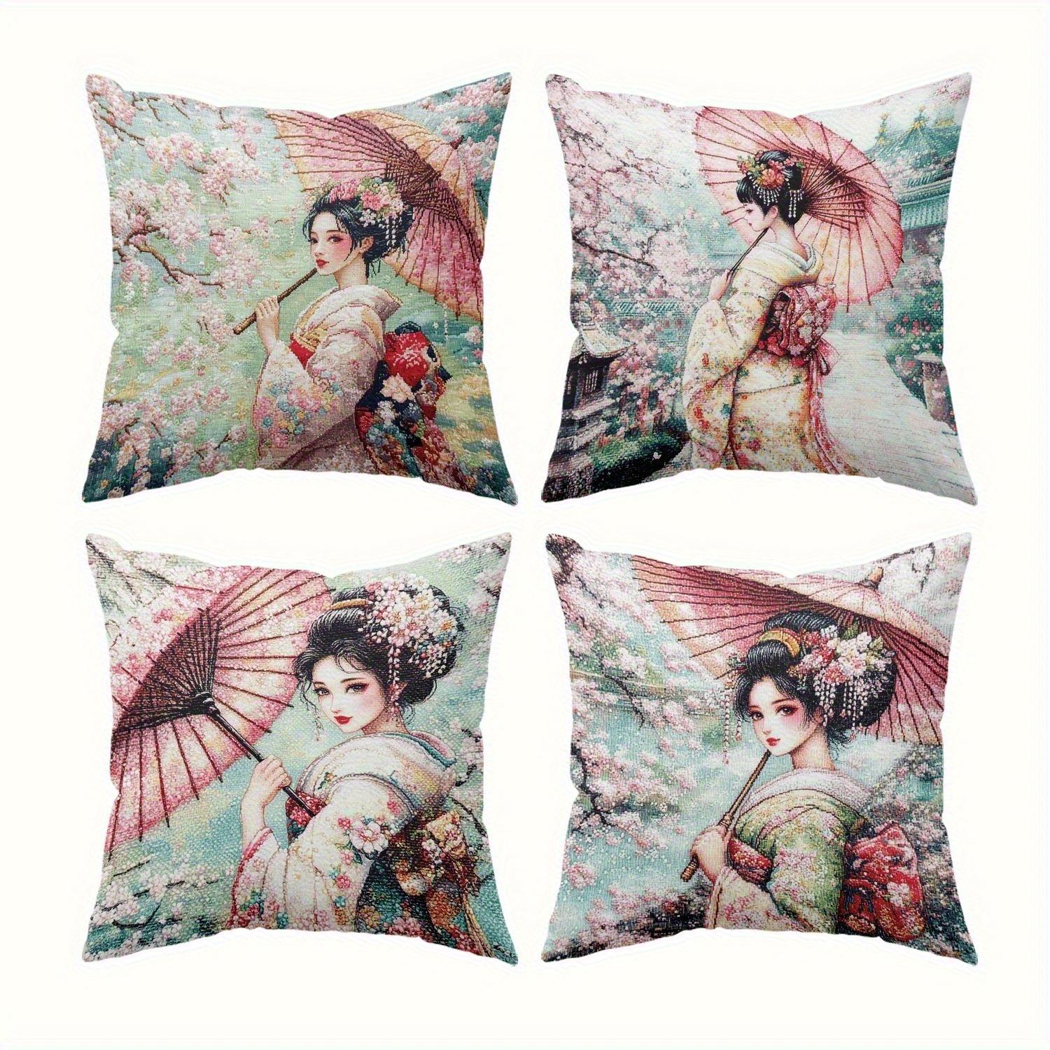 Japanese Geisha Pillowcase, Cherry Blossom & Umbrella Design, Oriental Home Decor Cushion Cover 4PC-45x45cm