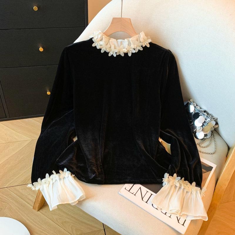 Slimming Velvet Lace Top with 3D Floral Design - Women's Spring Long Sleeve