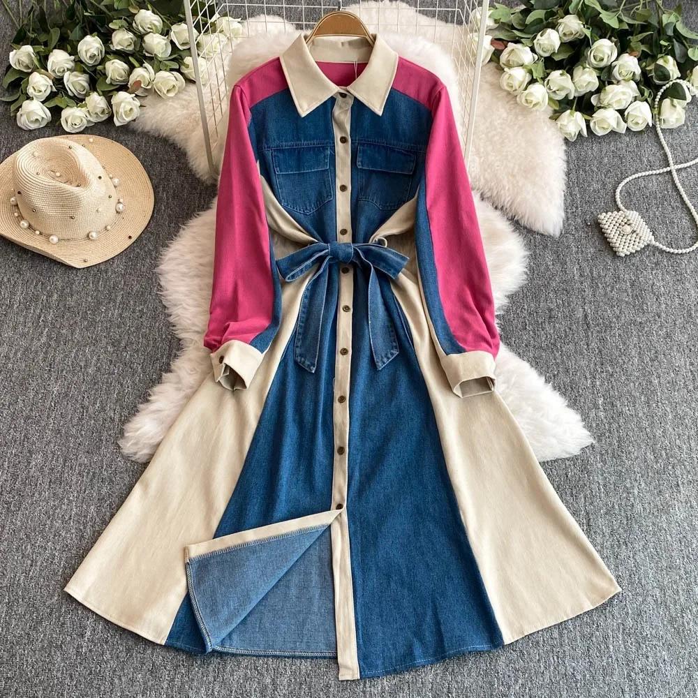 

Lace Up High Waist Women 2026 Dresses Patchwork Denim Dresses Laple Long Sleeve Dress Femininos French Style Clothing One Size