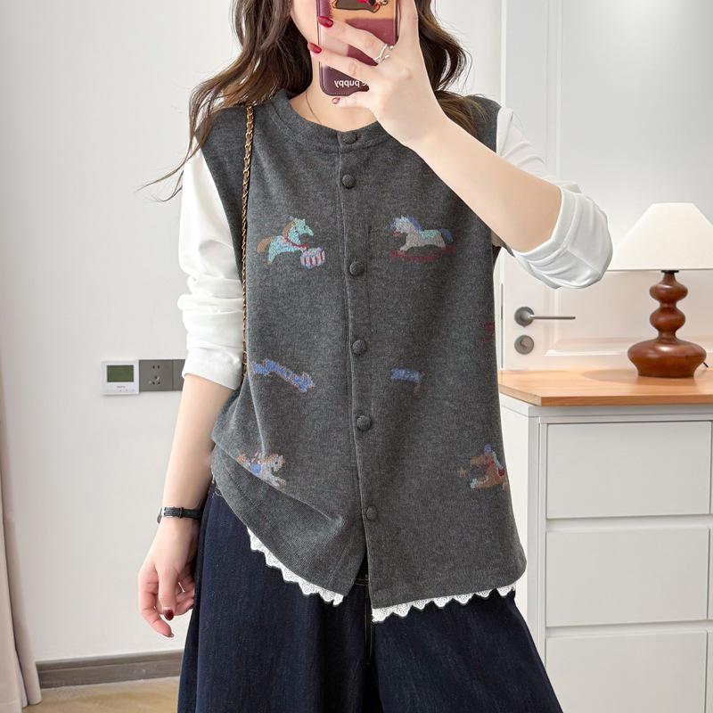 

S48 Plus Size Women s Spring Hoodie - Little Horse Print, Age-Reducing, Faux Two-Piece, Loose, Slimming, Flaw-Hiding XL (for 120-140 lbs) серый