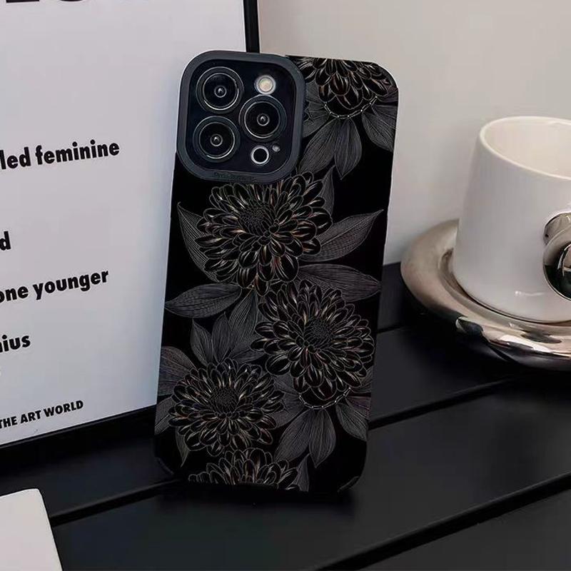 Luxury Dark Flower Silicone Leather Case For iPhone 13 14 Plus 12 11 16 15 Pro Max Mini X XS XR 7 8 SE Shockproof Full Cover