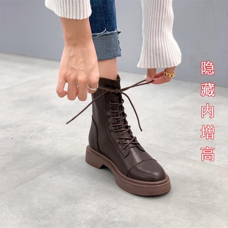 Leather thick-soled Martin boots women's new spring and autumn short boots British style women's boots elastic and thin inner height-increasing boots