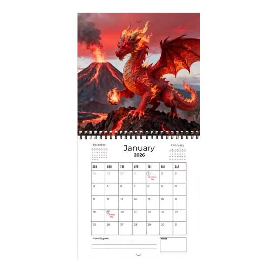 2026 Drachen-Fantasy-Wandkalender Monatsplaner mit 12 detaillierten Drachenillustrationen Spiralbindung Aufhängeloch Heim-Büro-Dekor Geschenk für Drachen