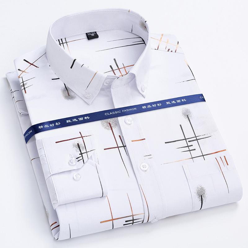 Męskie Koszule Eleganckie Wiosna Jesień Najnowsze Nieprasujące się Odporne na Zmarszczki Biznesowe Casualowe Wzór Cienki Kratka Dopasowany krój chemise homme