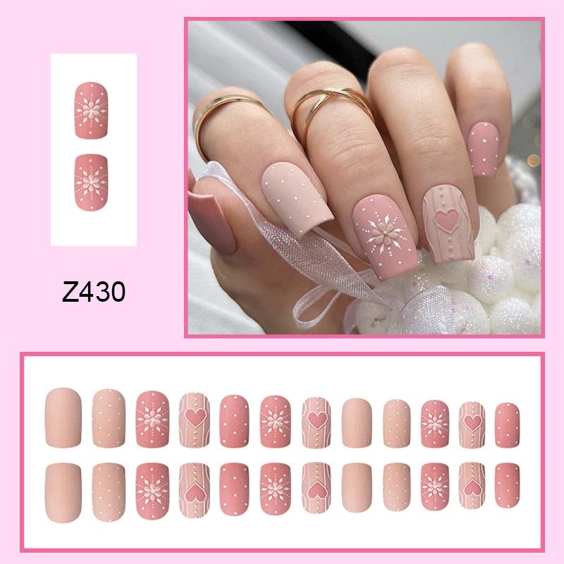 

24 шт. накладных ногтей Girly Pink Sweet Girl French Frosted Texture трехмерные снежинки Love Christmas накладные ногти