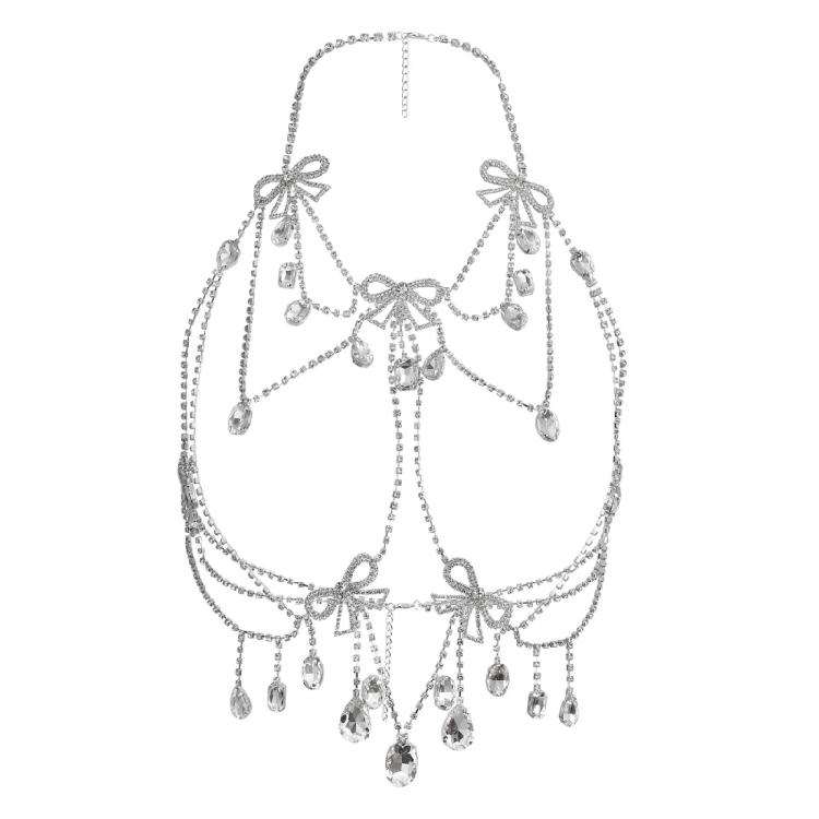 Fashionable Rhinestones Layered Chest Jewelry Trendy Bowknot Design Body Chain Jewelry For Pool Parties Night Event