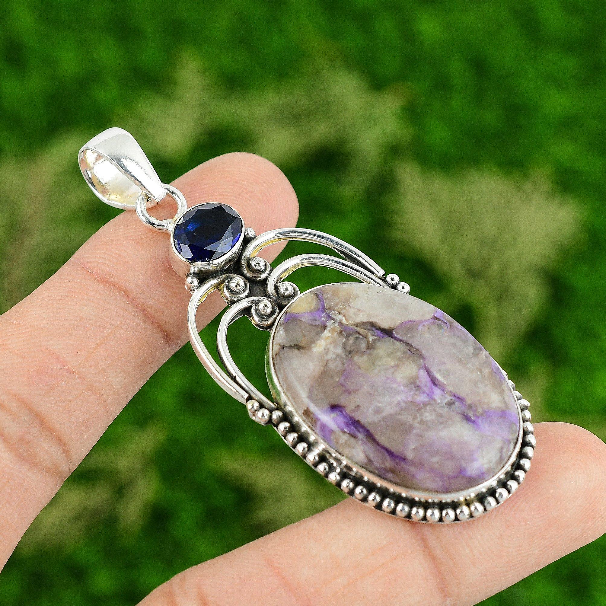 

Russian Charoite Stone Tanzanite Quartz Bezel Sister Pendant 925 Sterling Silver