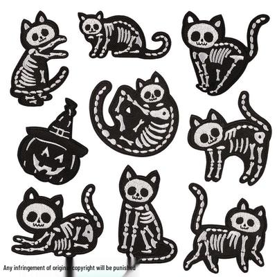 Patch Brodé Chat Squelette d'Halloween - Accessoire Vêtement DIY