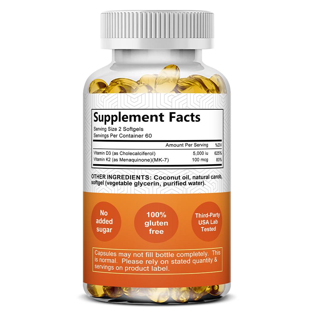 Balincer Vitamin D3 K2 Weichkapseln, 5000 IE, 100 mcg K2 MK-7, Kokosöl, 120 Kapseln