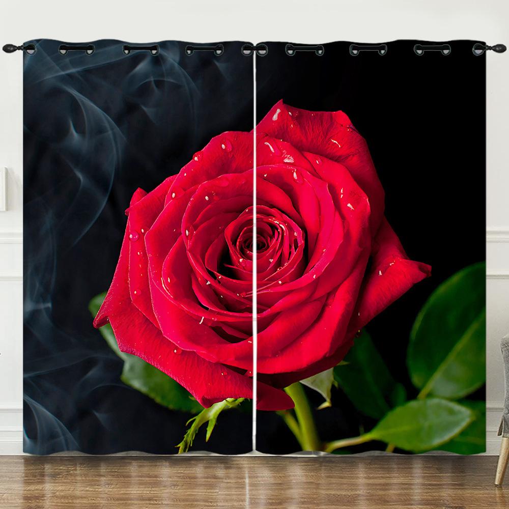 Curtains Flowers Roses Plants Flowers 3D Digital Printing Blackout Curtain Punching
