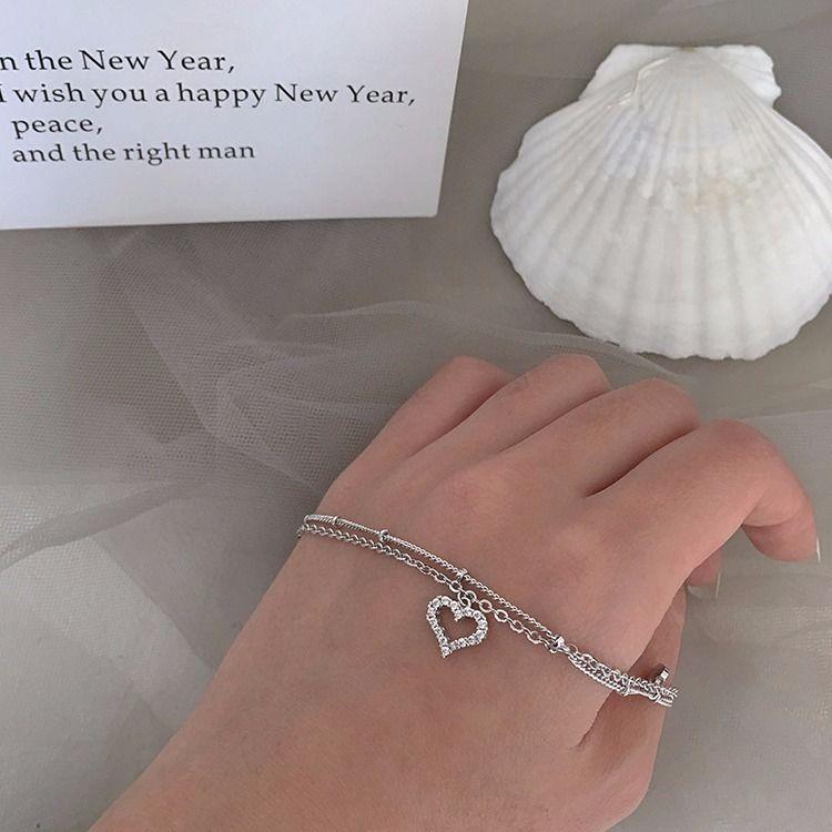925 Sterling Silver Fashion Crystal Heart Charm Bracelet & Bangle Anklet For Women Wedding Jewelry SL322