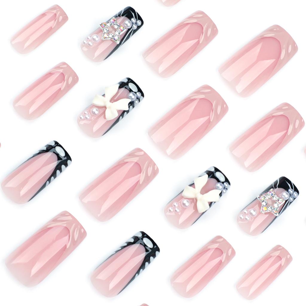 24 Pieces French 3D Water Ripple Wearing Nail Three-dimensional Bow Pearl Manicure Flash Diamond Star Fake Nail Nail Patch