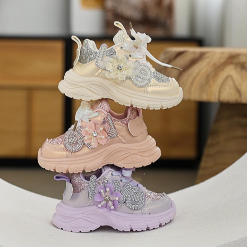 Girls' Fashionable Casual Shoes Children's Stylish Sports Shoes Rhinestone Sequined Dad Shoes Girls' Princess Shoes
