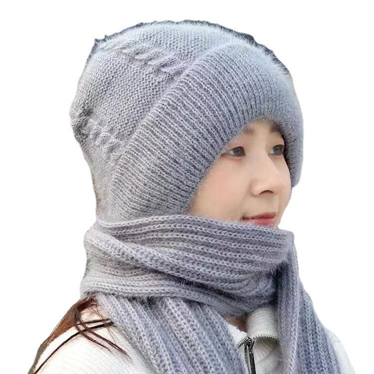 Hat and scarf integrated thickened thermal hat winter new squirrel fleece woven wool knitted women's hat Internet celebrity hat