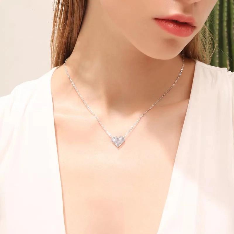 Beixi S925 Sterling Silver Full Diamond Heart Necklace - Elegant Peach Heart Design, Popular Korean Style. 925 Silver