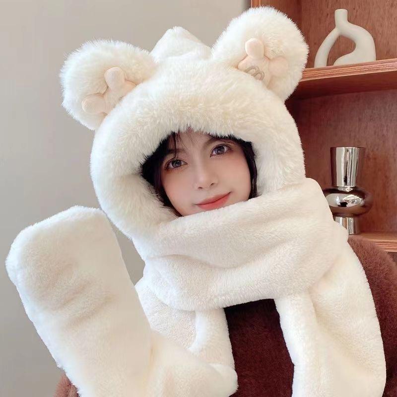 

Женский зимний комплект с капюшоном, шапка-медведь и шарф - Утепленный, теплый и милый меховой дизайн