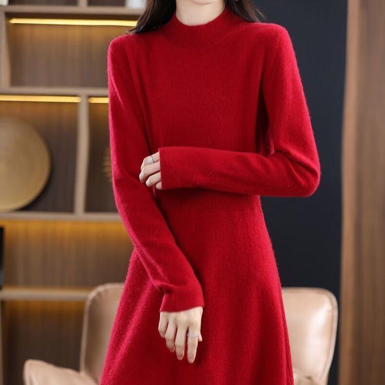 Knee-length Sweater Dress Women's Half Turtleneck Knitted Long Dress Slimming Mid-length Knitted Sweater for Autumn and Winter