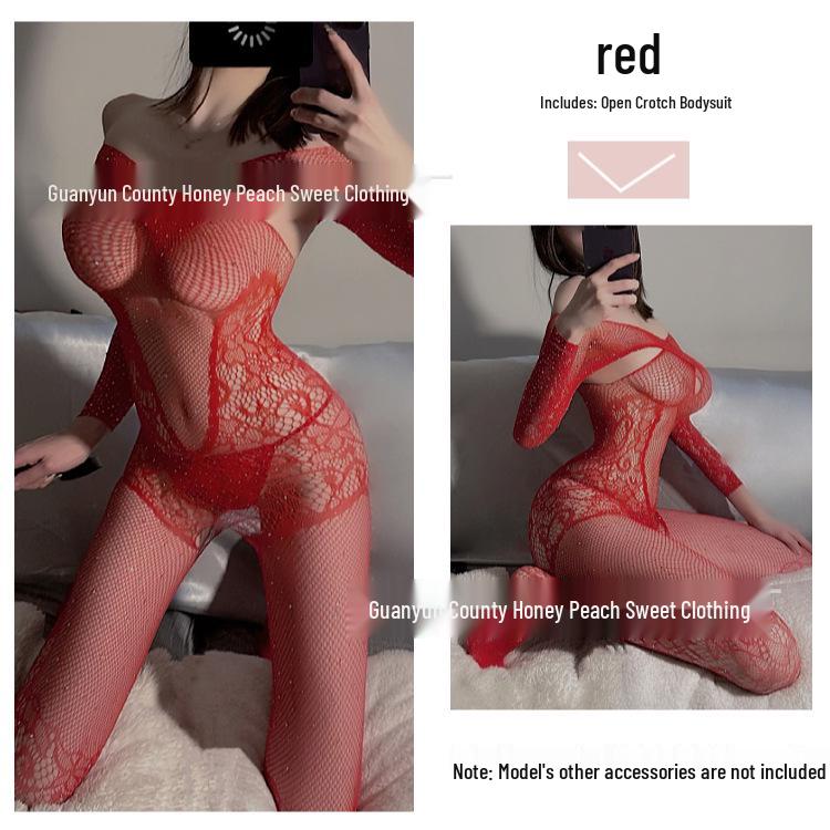 Sexy Red Fishnet Bodysuit with Long Sleeves & Open Crotch - Passionate Jacquard Lingerie for Christmas
